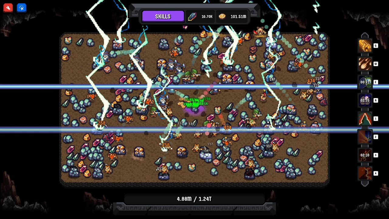 Mining and Dwarves screenshot: colourful ore rocks around a central deposit with dwarves hauling drops